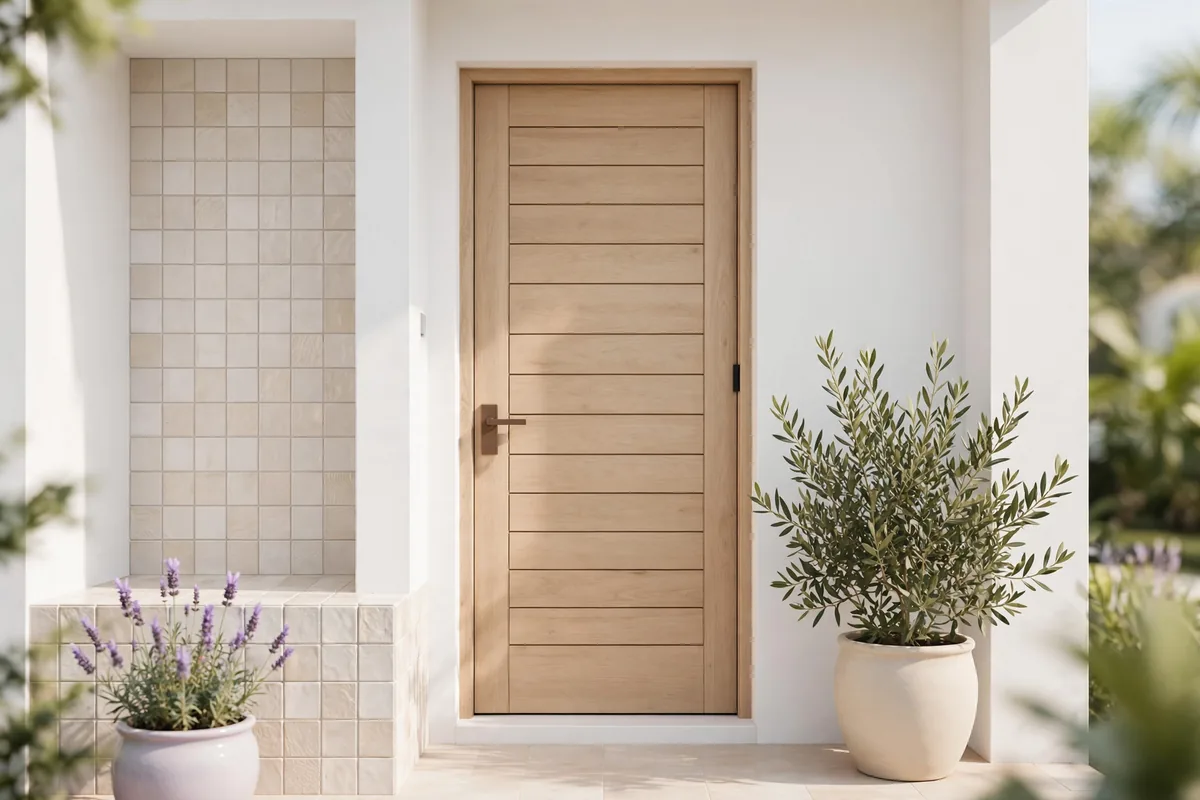 A front door with a plant