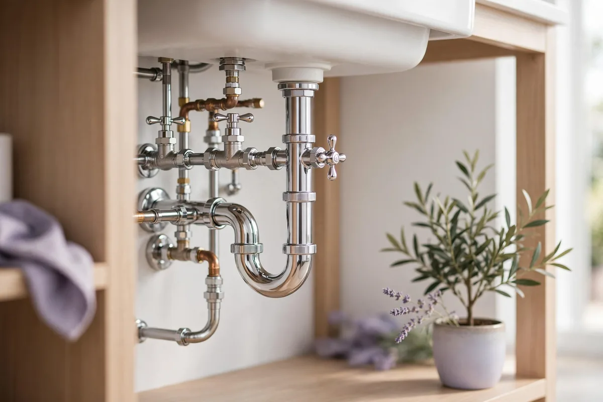 Pipes and valves under a sink